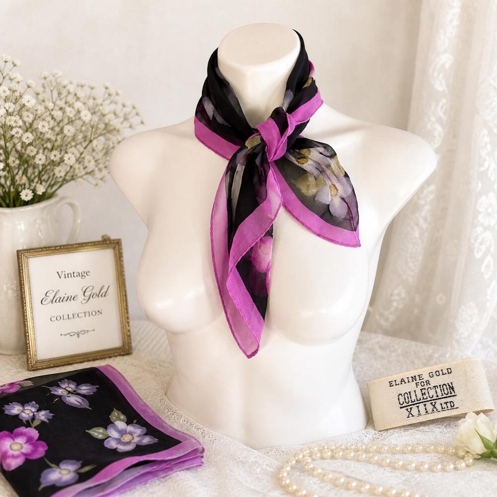 Elaine Gold Silk Scarf Black Floral Purple Pink Small Square Neckerchief Vintage